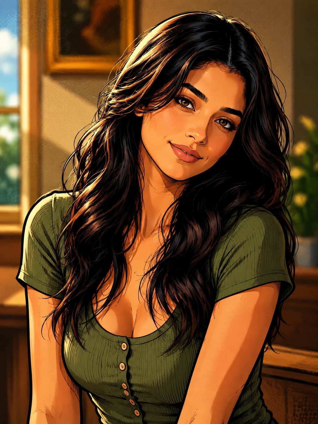 Source portrait transformed into a warm graphic novel illustration