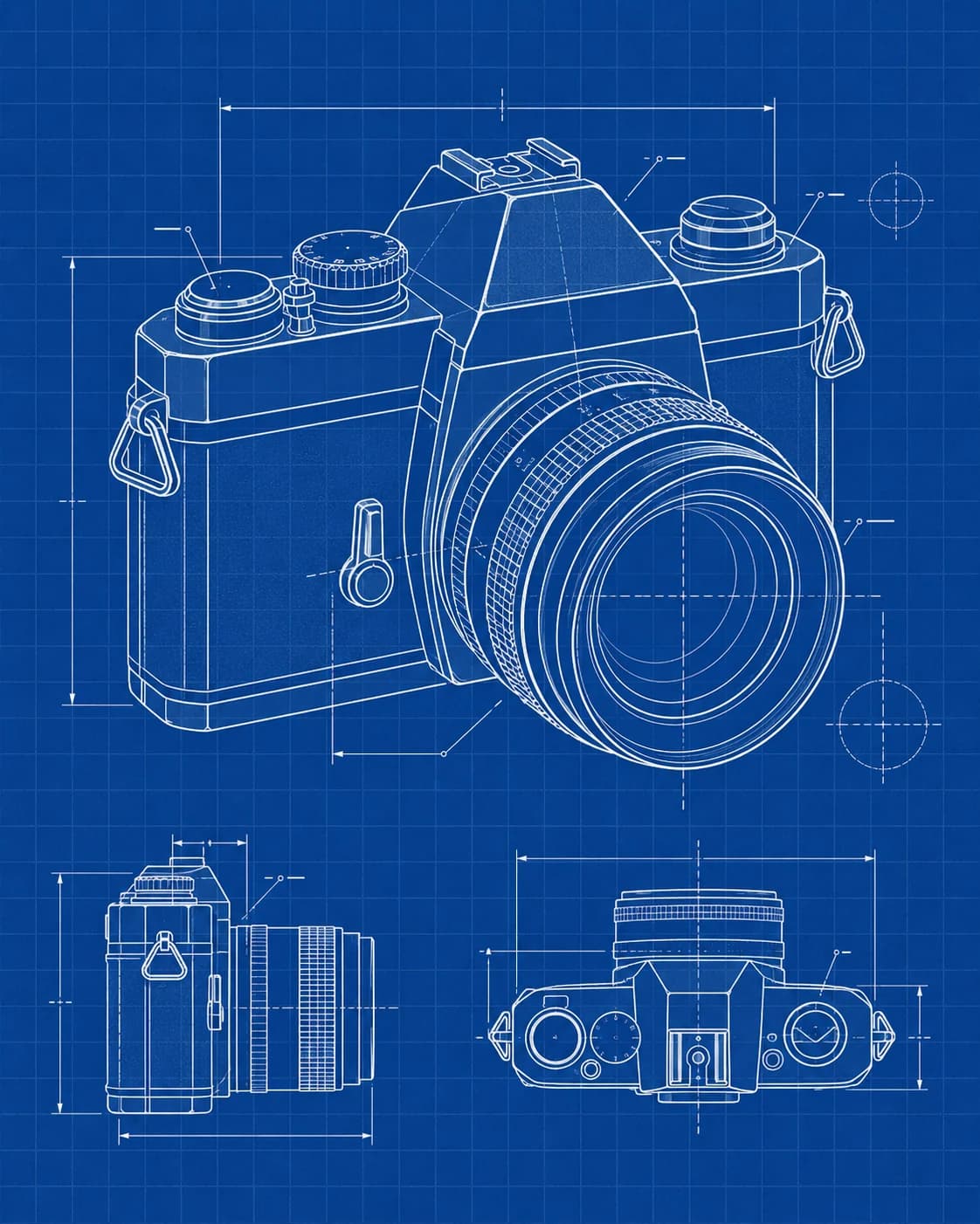 White technical line drawings of a vintage film camera on a cobalt blueprint grid