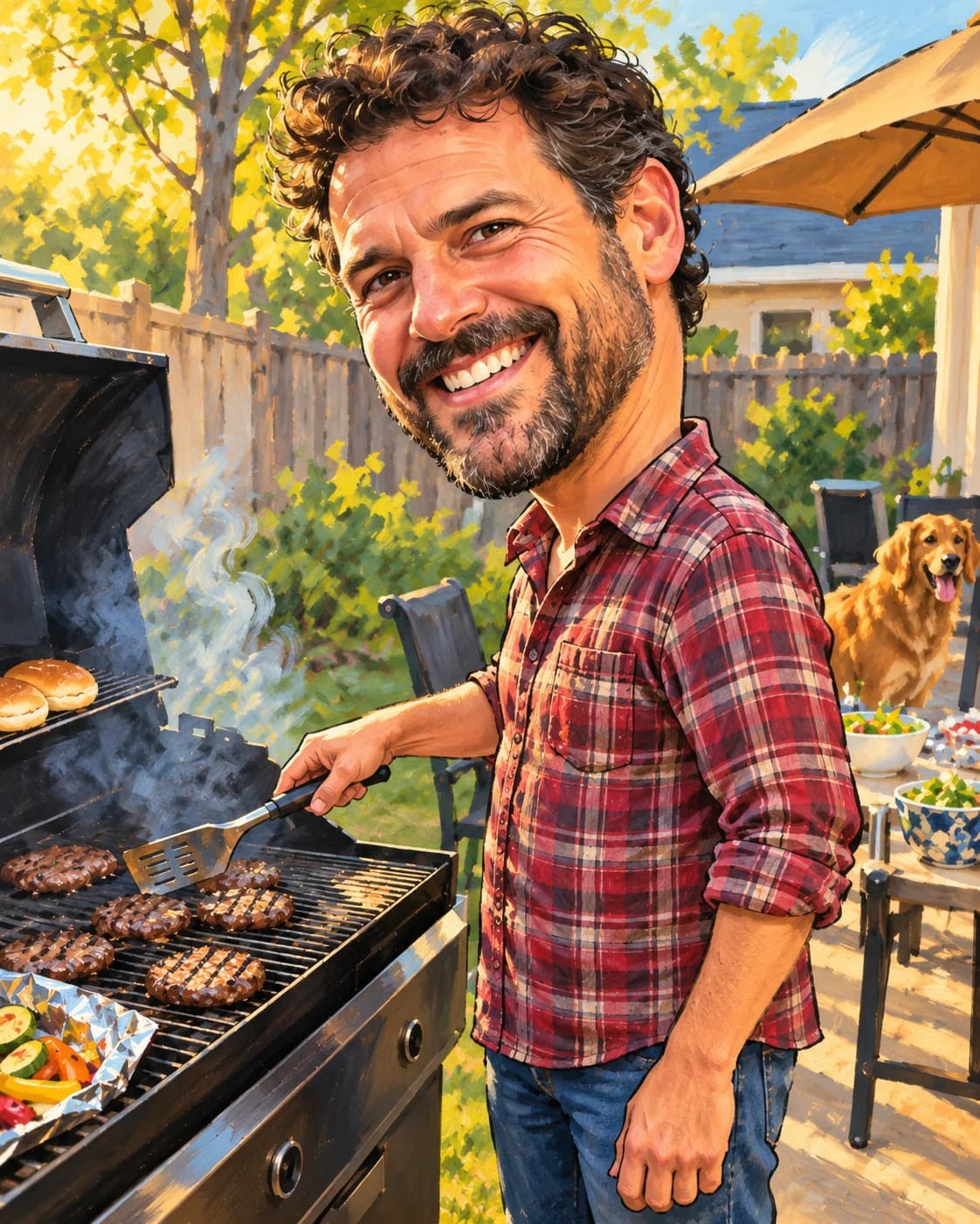 Hand-painted caricature of a smiling man in a plaid shirt at a backyard grill