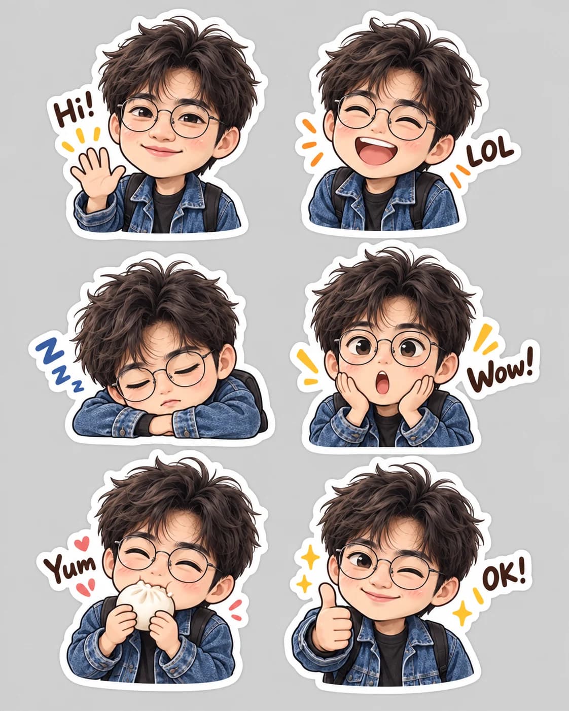 Six chibi stickers of the same young man waving, laughing, sleeping, surprised, eating, and giving a thumbs up