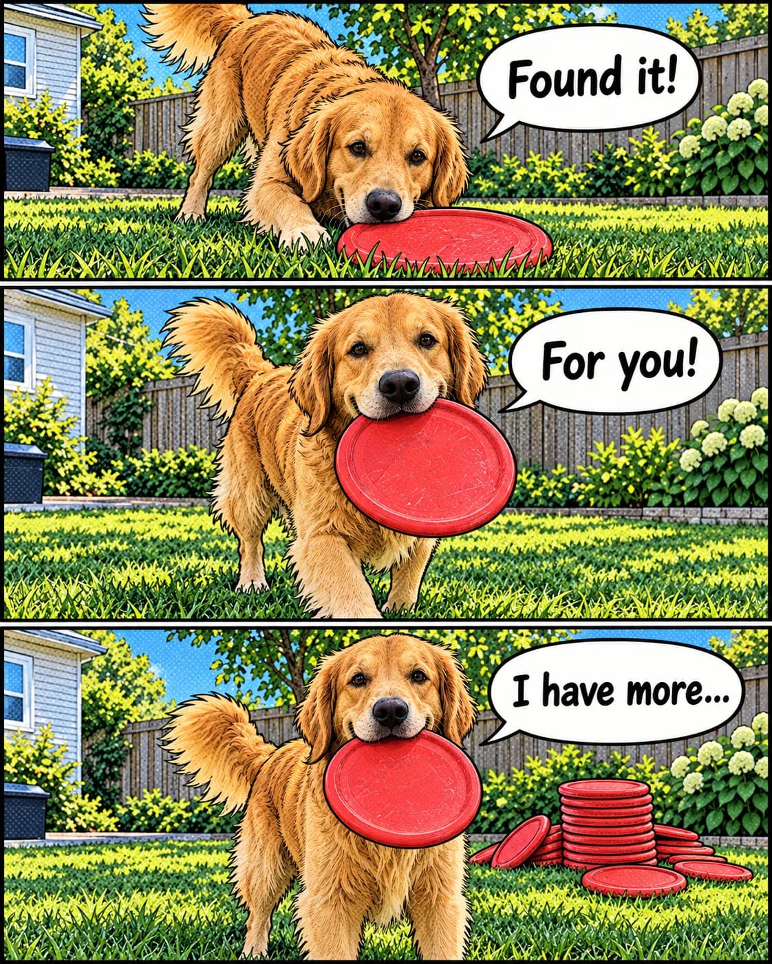 A three-panel comic strip of the golden retriever finding a frisbee, bringing it back, and revealing a stack of frisbees