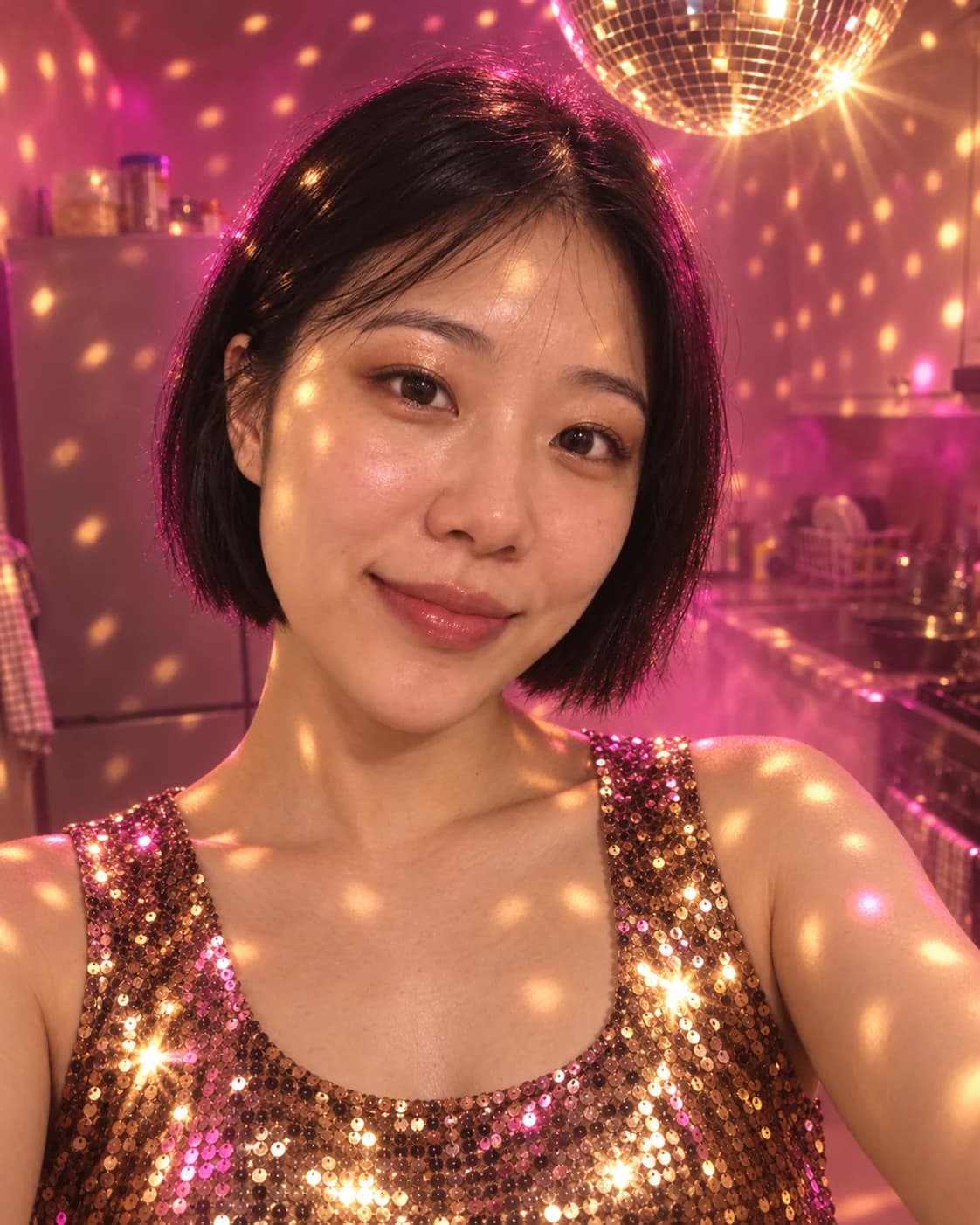 The same woman restyled as a 1970s disco portrait under a mirror ball with a sequin top
