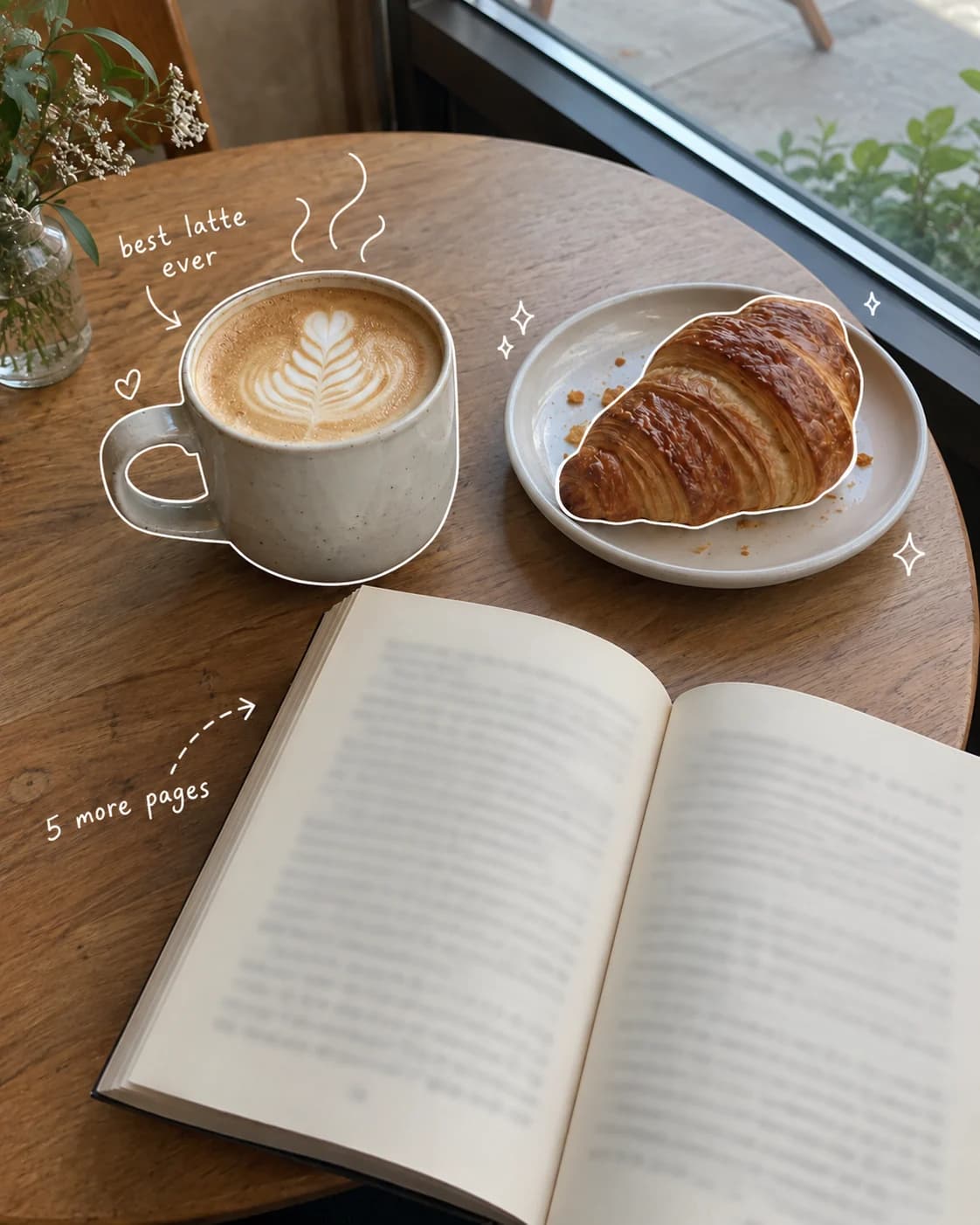 The same cafe table photo with white hand-drawn outlines, steam swirls, sparkles, and two handwritten notes