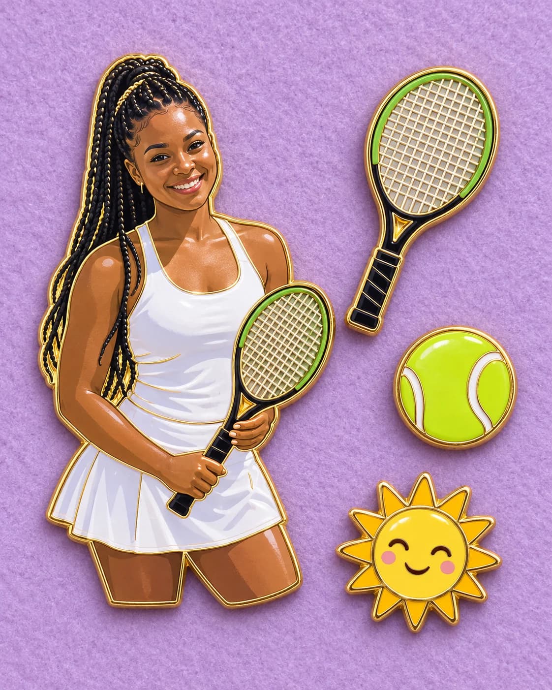 Four enamel pins on a lilac felt board: a tennis player portrait, a racket, a ball, and a sun