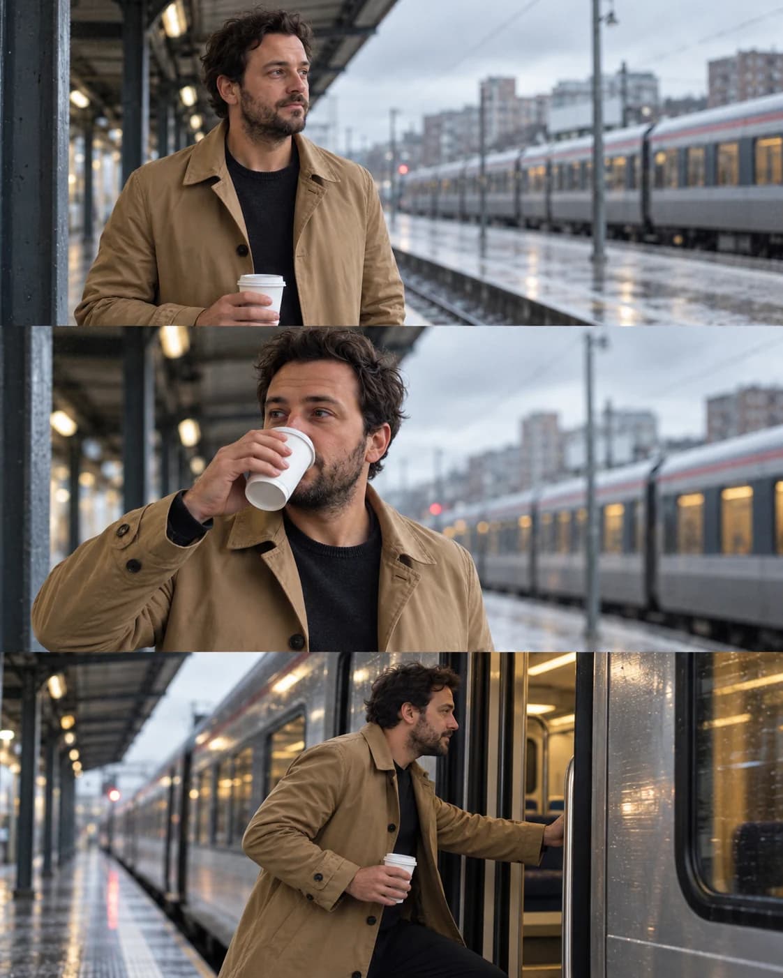 Three cinematic film stills of the same man on a train platform: looking down the tracks, sipping coffee, boarding the train