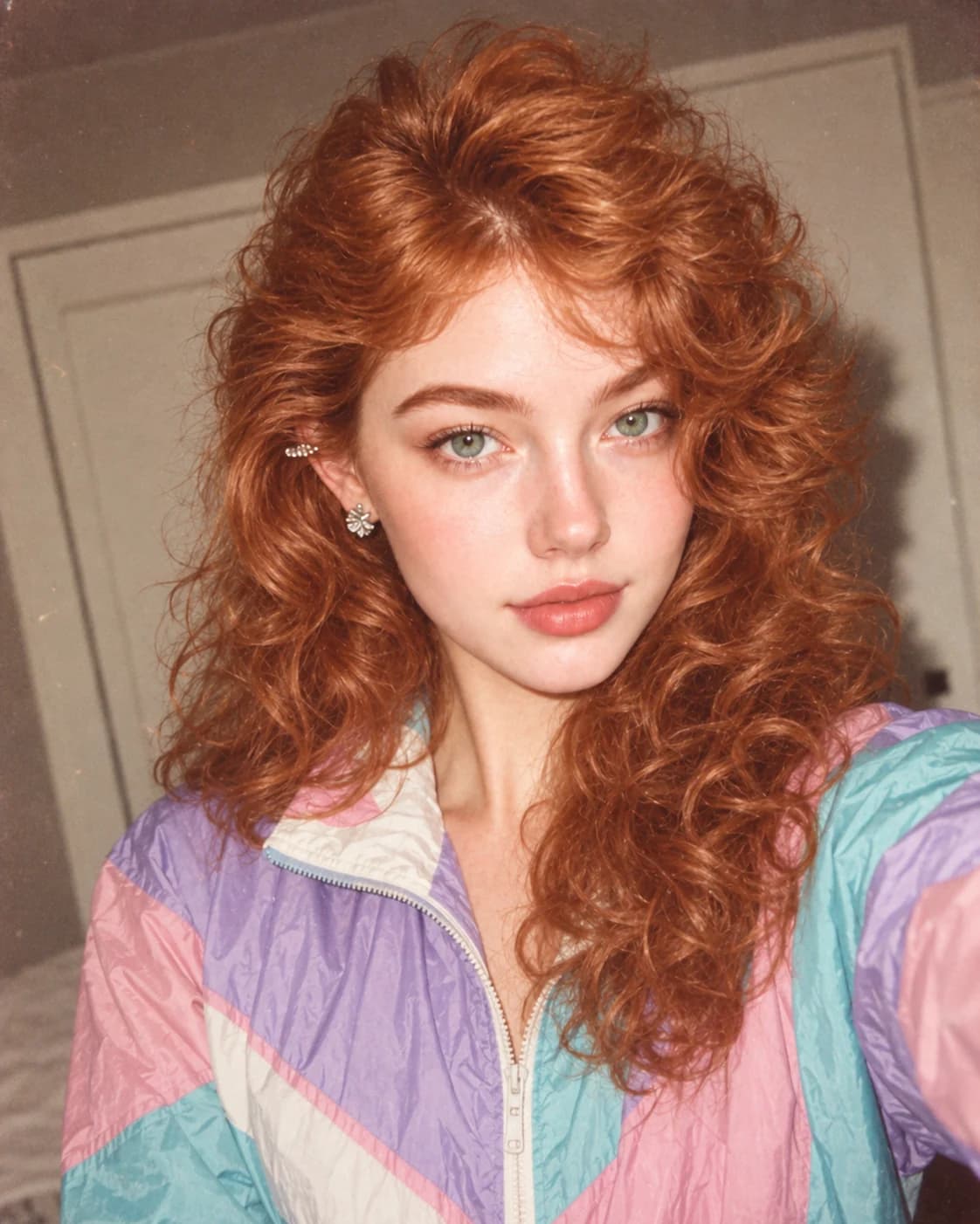 The same red-haired woman as a 1980s film snapshot with permed hair and a pastel windbreaker