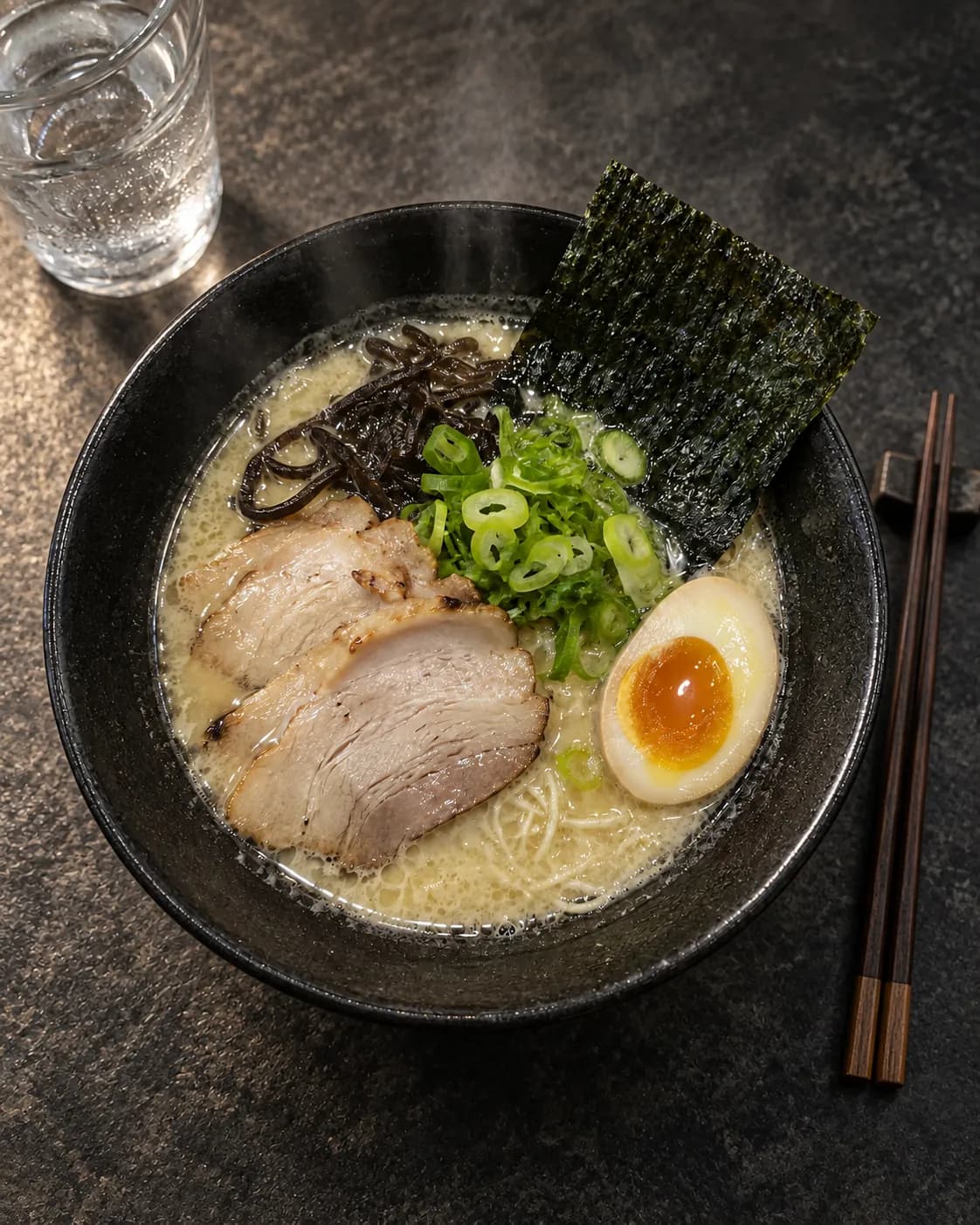Ramen bowl restyled on dark stone with moody side light and steam