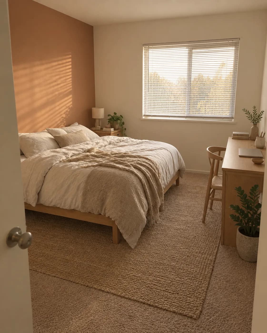 Small bedroom redesigned in a warm Japandi style with a terracotta accent wall