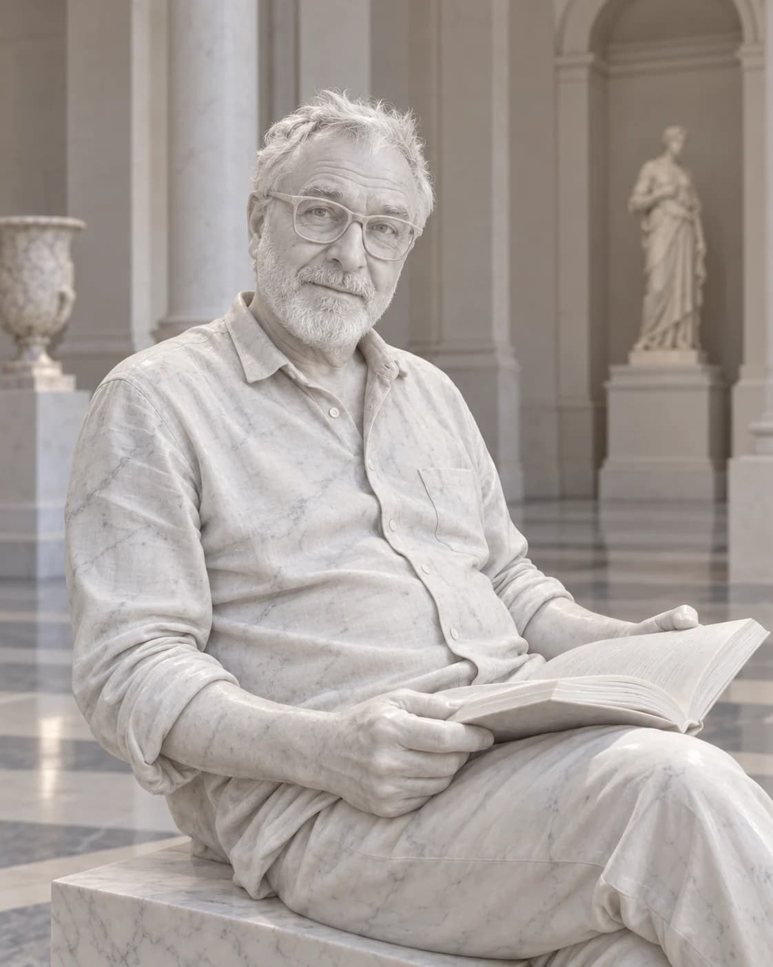 The same older man recreated as a pure white marble statue reading a stone book in a museum hall