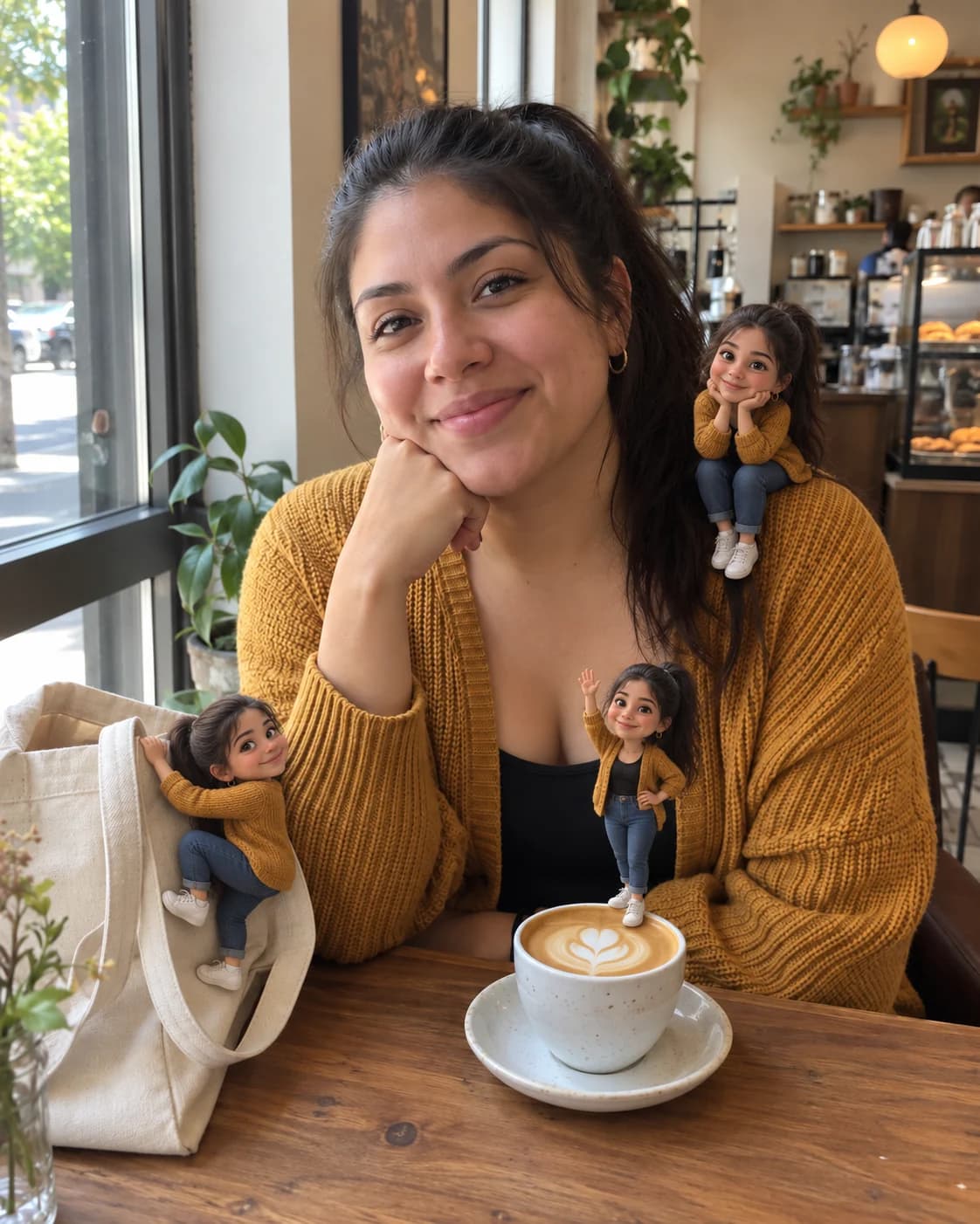 Three tiny 3D versions of the woman playing on her latte cup, tote bag, and shoulder in a cafe
