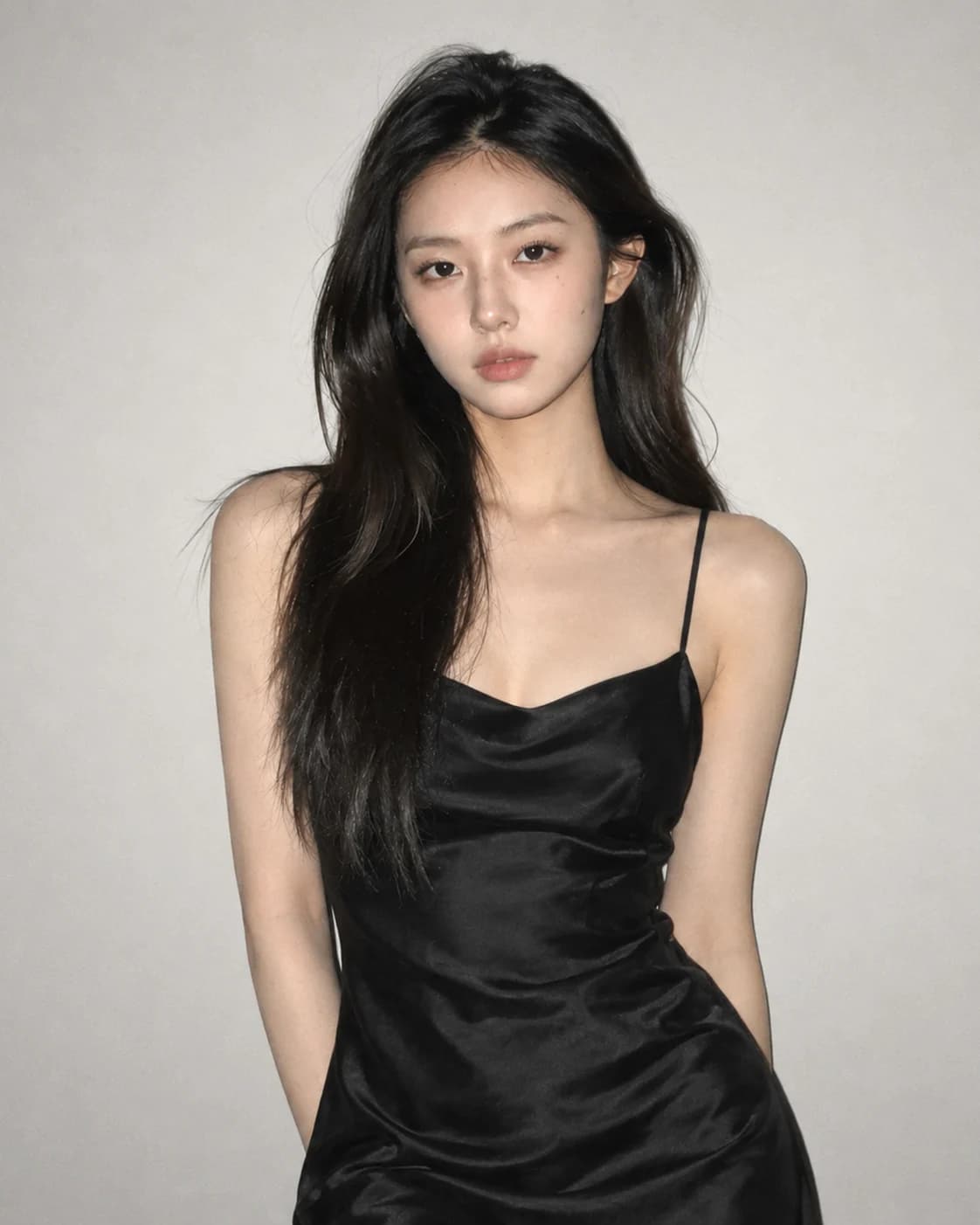 The same woman in a black slip dress against a plain light wall