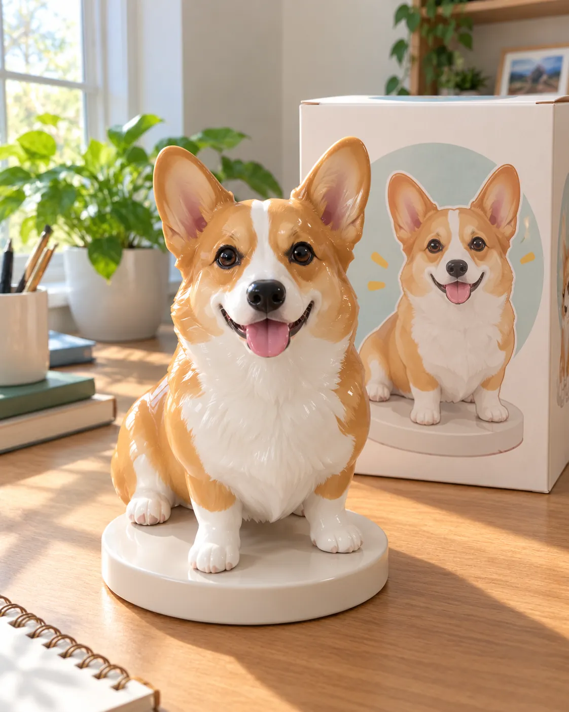 Corgi turned into a glossy vinyl figure on a sunny desk with a matching toy box