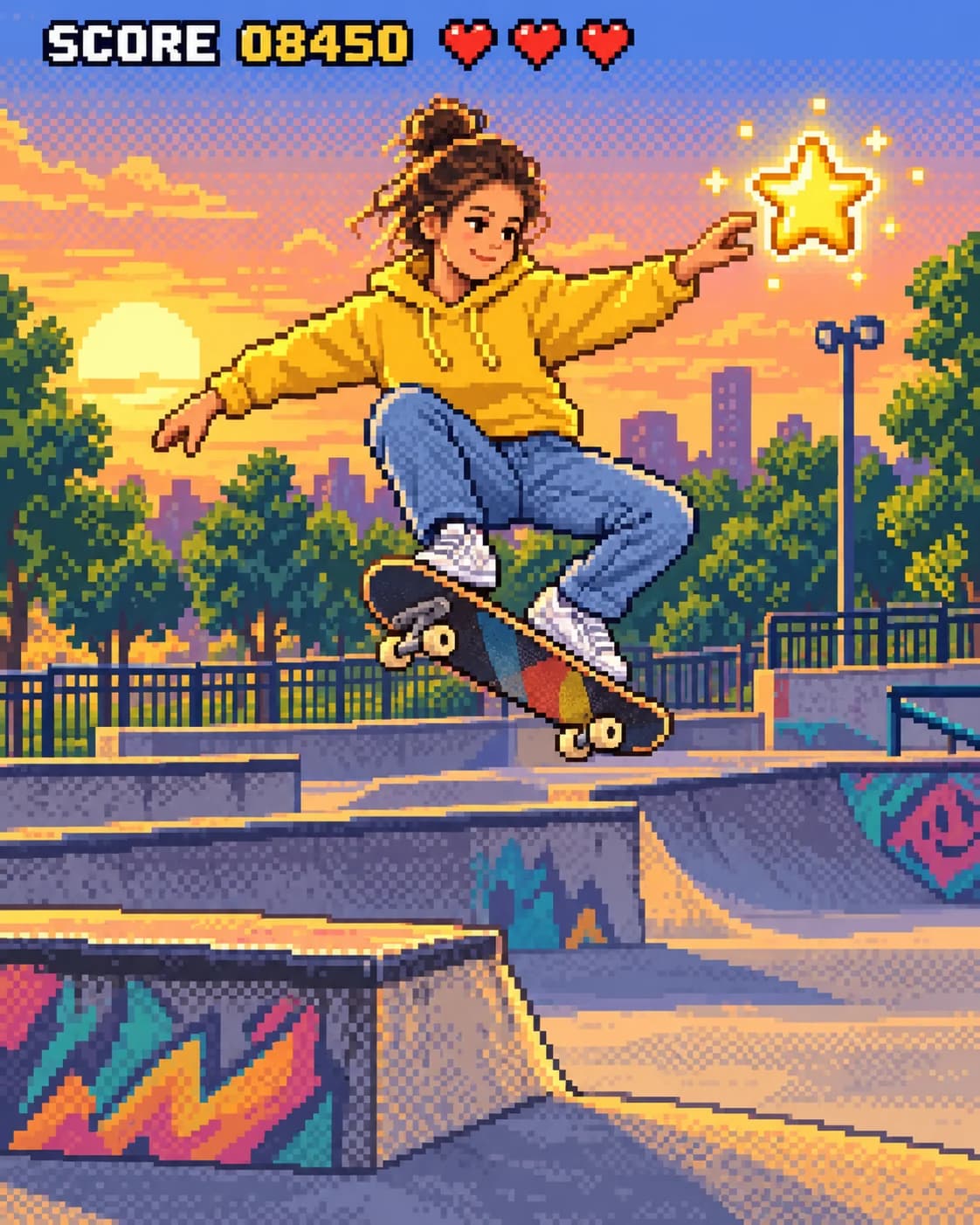 The skater as a 16-bit pixel art hero jumping a ramp and grabbing a star, with a score and hearts HUD