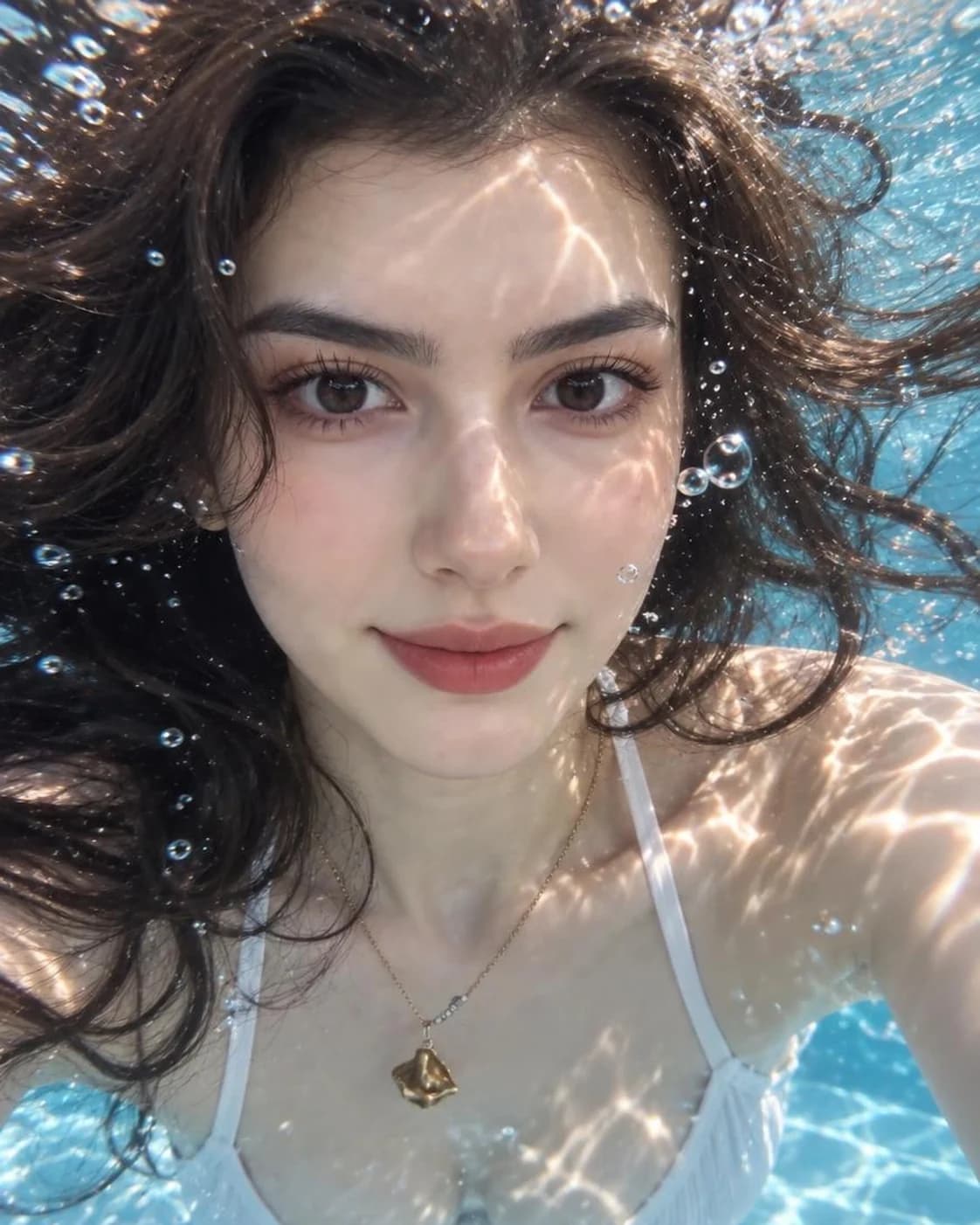 Woman with long dark hair floating underwater with sunlight ripples and bubbles