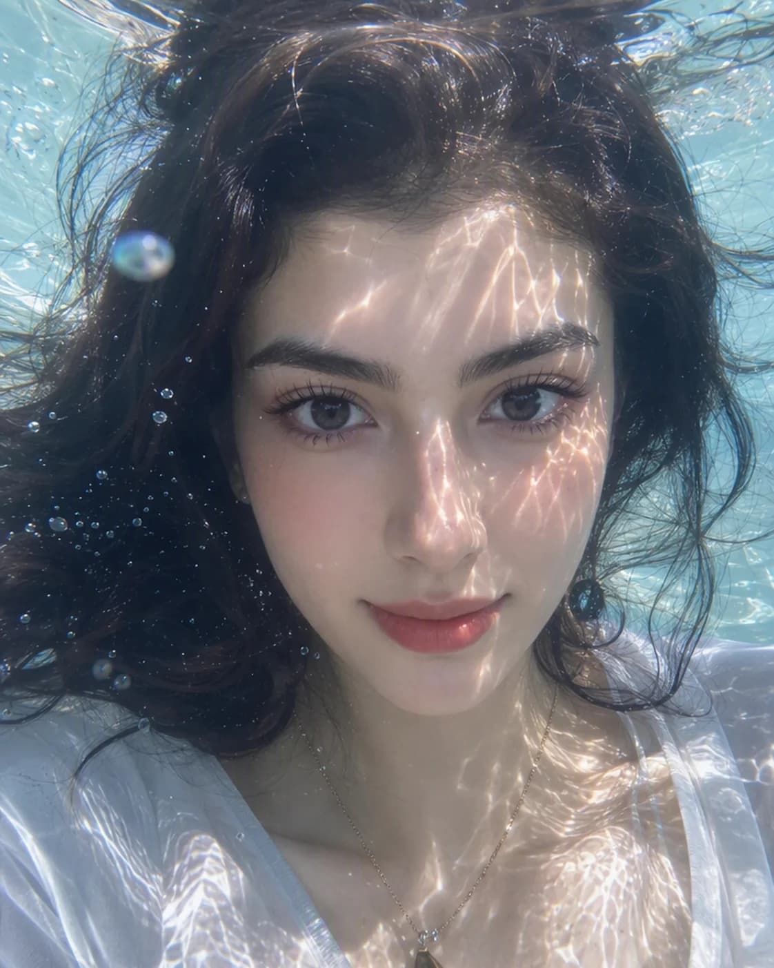 Soft underwater close-up of a woman with drifting hair and gentle light ripples