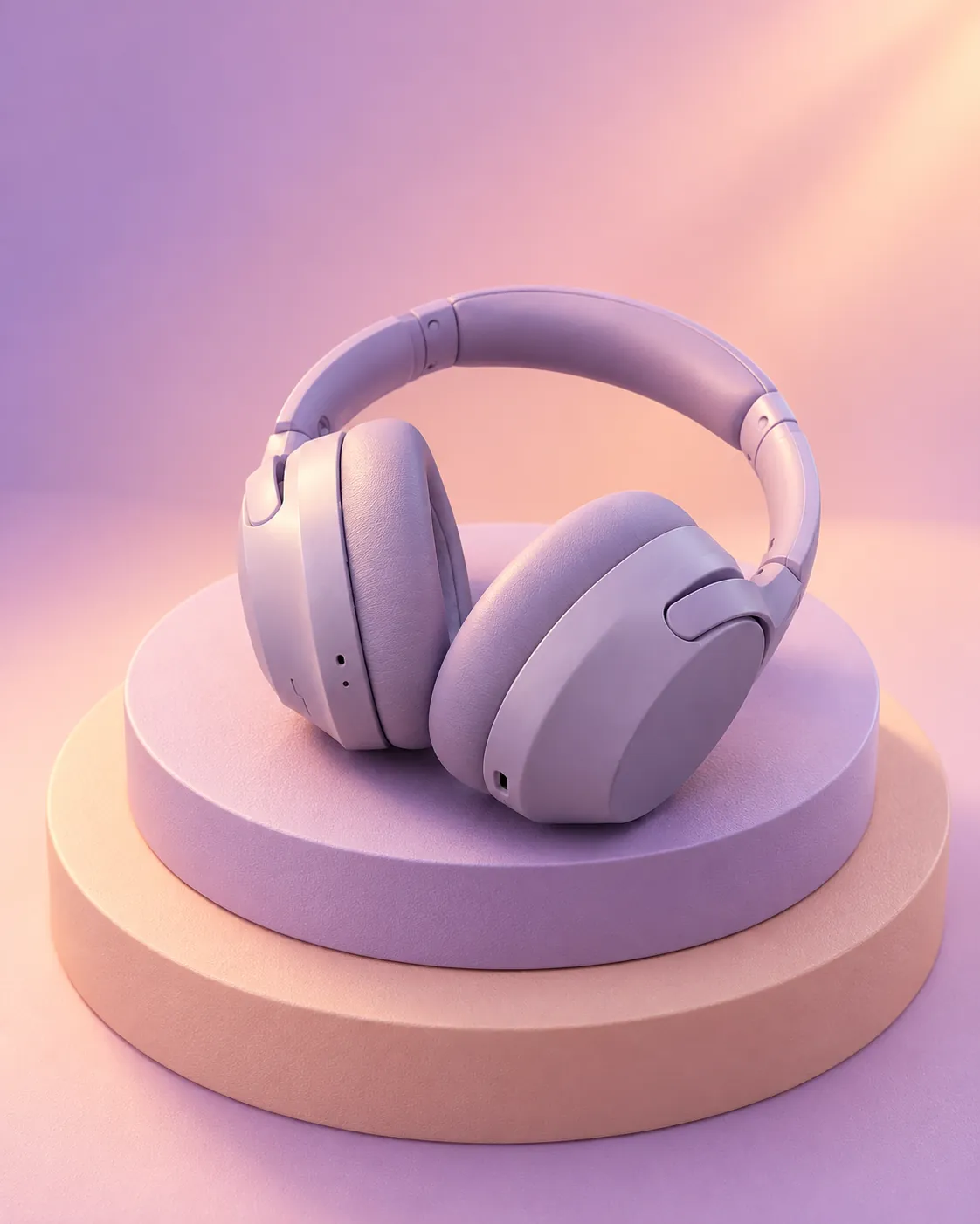 Lilac headphones on stacked pastel podiums against a lilac and peach gradient