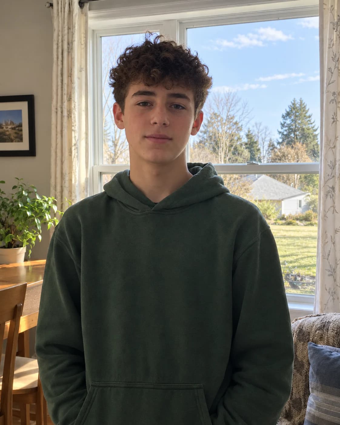 The same teen in a green hoodie with his face evenly lit and the bright window balanced