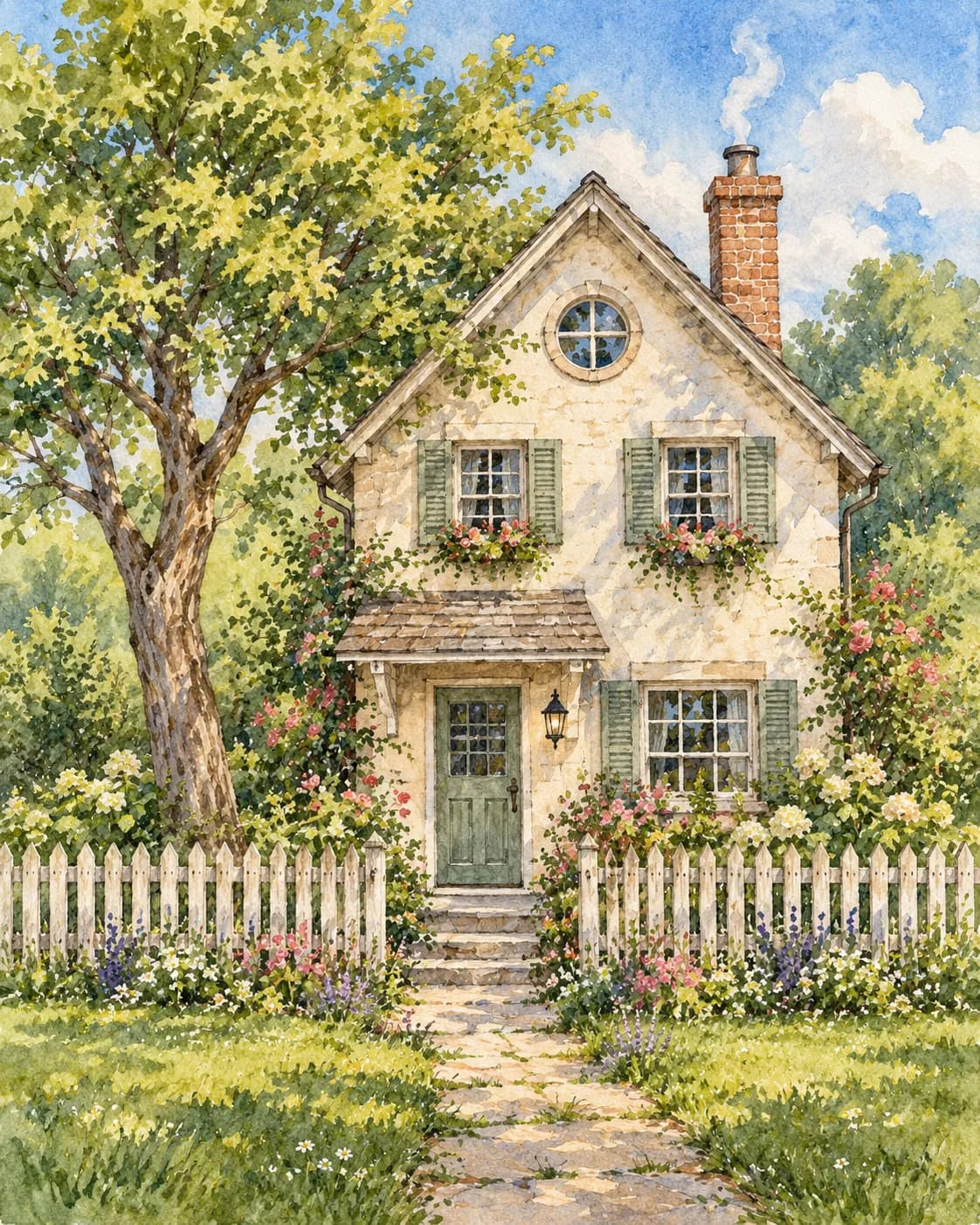 Pencil cottage sketch turned into a watercolor storybook illustration