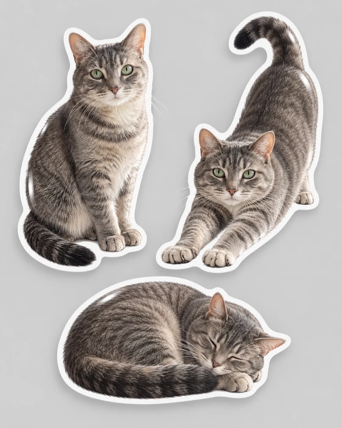 Three die-cut vinyl stickers of a tabby cat sitting, stretching, and sleeping