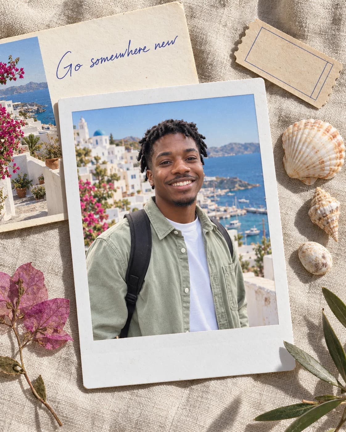 A polaroid of the same young man above a Greek island harbor, laid on linen with a postcard, ticket, shells, and a pressed flower