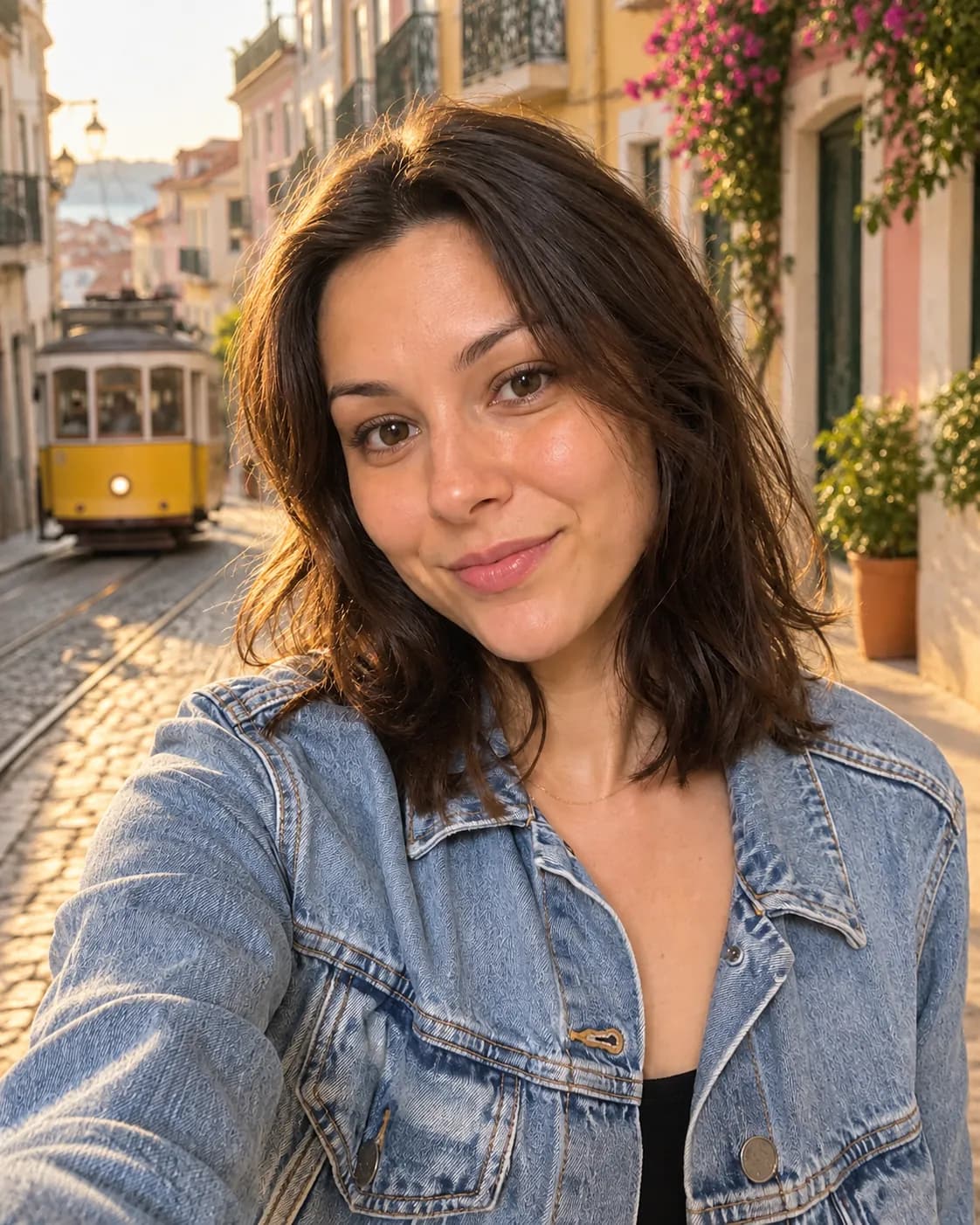 Woman in a denim jacket on a sunny street with pastel buildings and a yellow tram