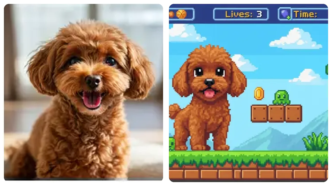 Before and after converting a dog photo into a 16-bit pixel-art game scene