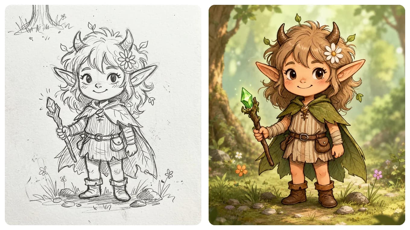 Before and after turning a pencil character sketch into a full-color storybook illustration