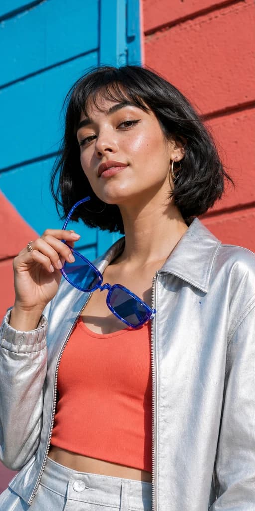 A colorful fashion portrait of an adult woman holding blue sunglasses.