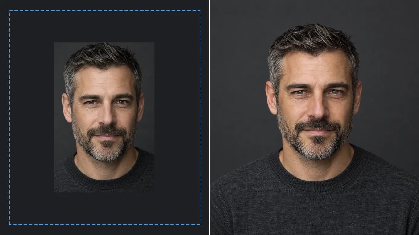 Before and after expanding a tight studio headshot into a wider portrait