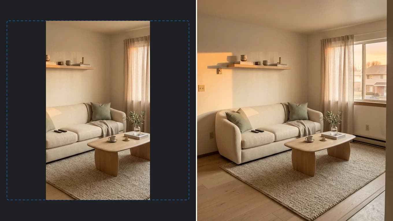 Before and after expanding vertical living room photo to 16:9 widescreen