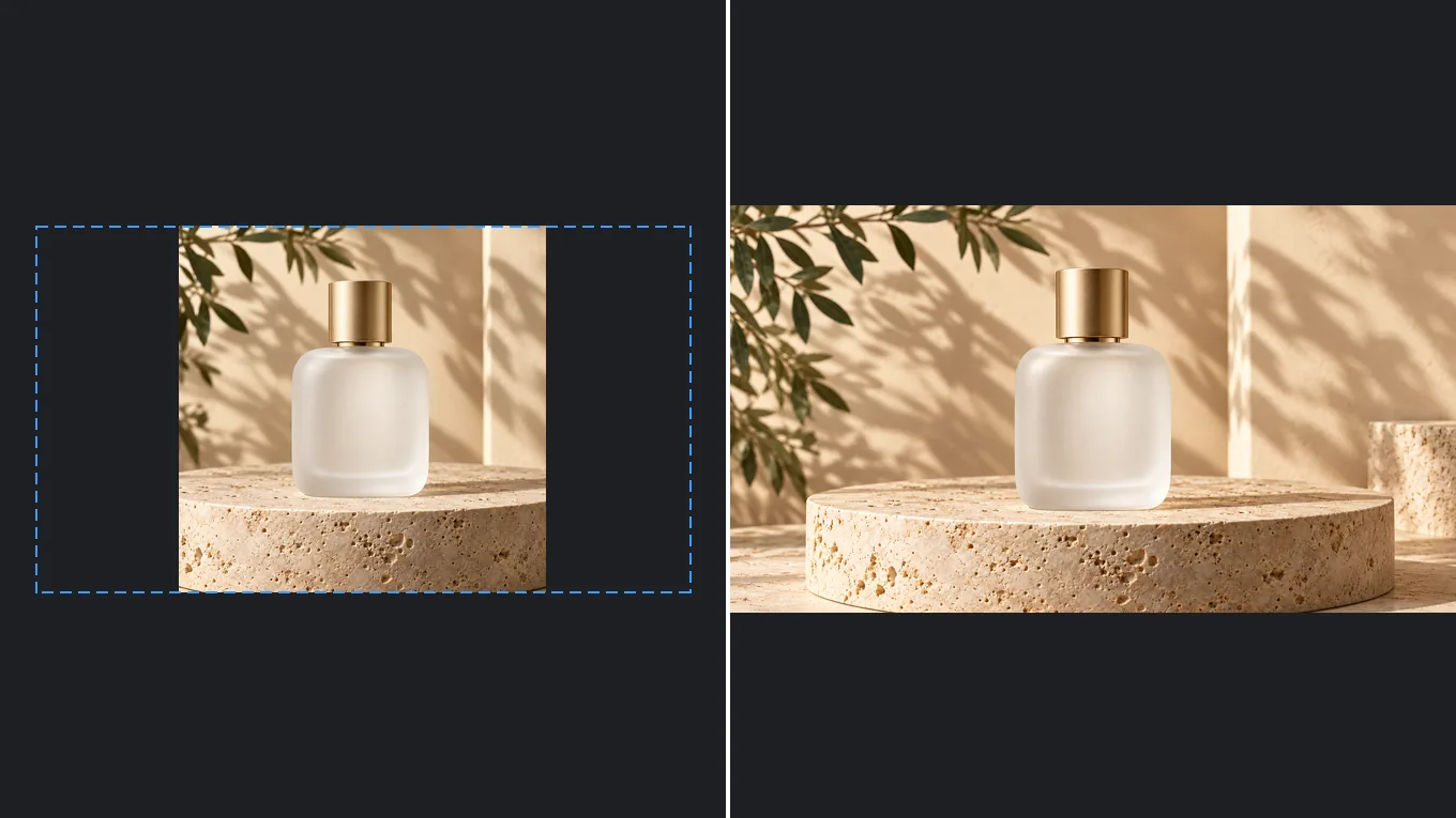 Before and after expanding a square perfume shot into a 16:9 banner