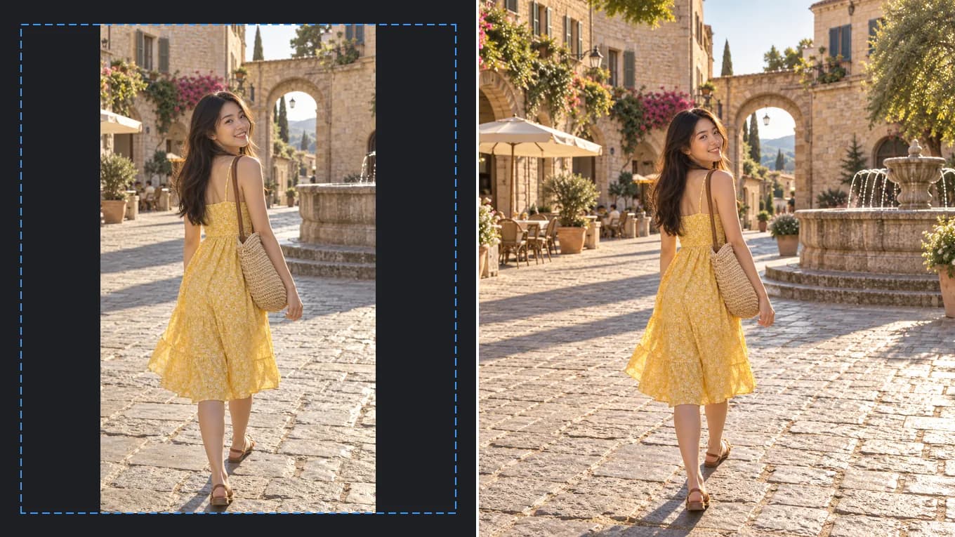 Before and after expanding a vertical plaza photo into a wider scene