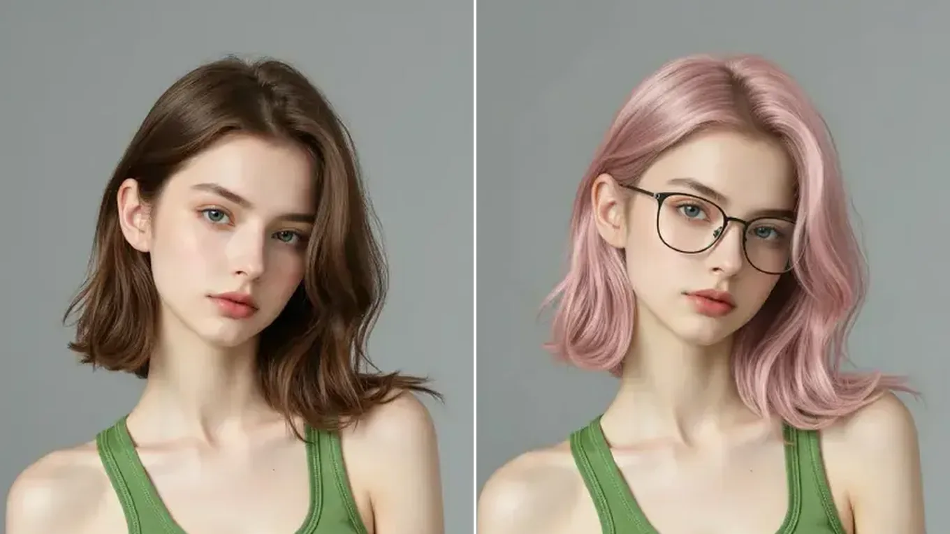 Before and after a Qwen Image Edit that dyes the hair pastel pink and adds round glasses
