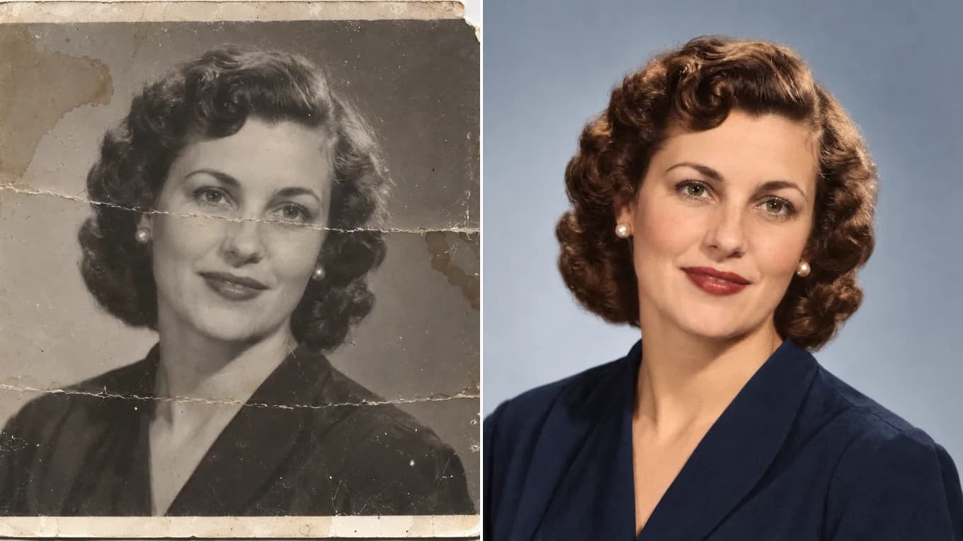 Before and after restoring and colorizing a creased black-and-white portrait with Qwen Image Edit