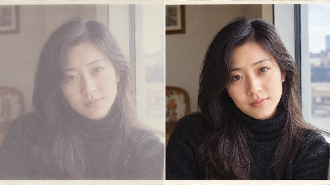 Before and after recovering contrast in a faded 1980s portrait print