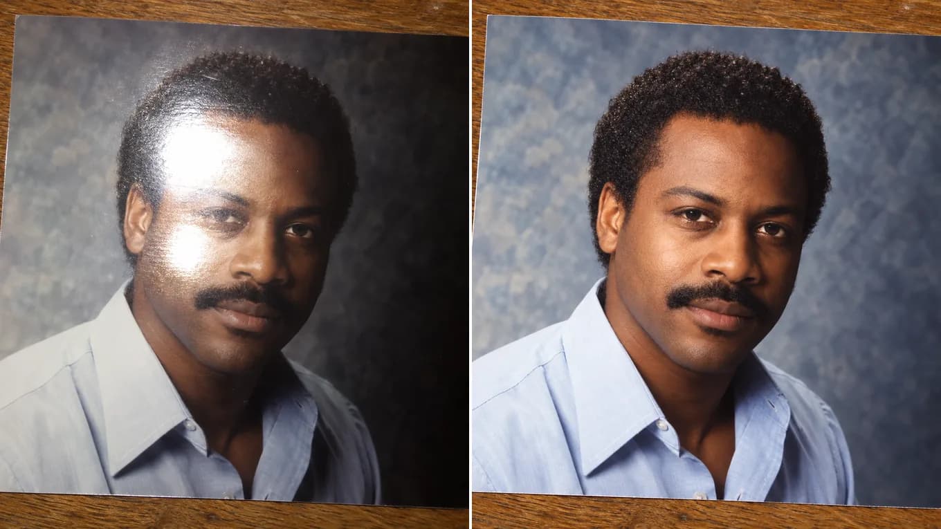 Before and after removing flash glare from a photographed 1980s portrait print