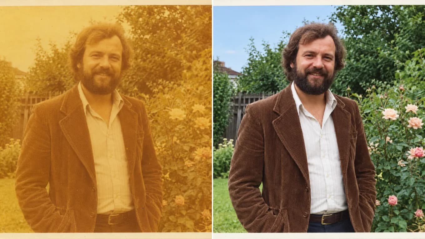 Before and after removing yellow sepia aging from a 1970s color print