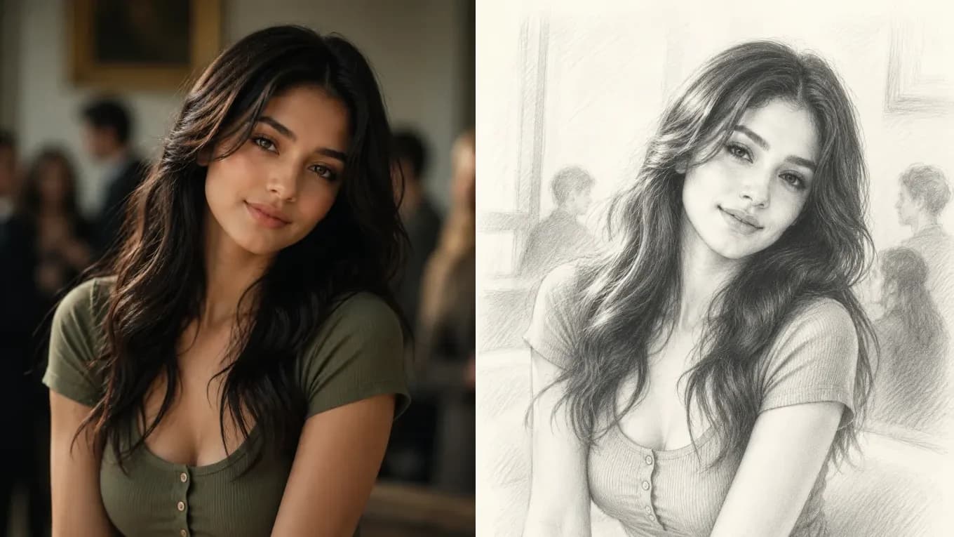 Before and after portrait conversion into a graphite pencil sketch