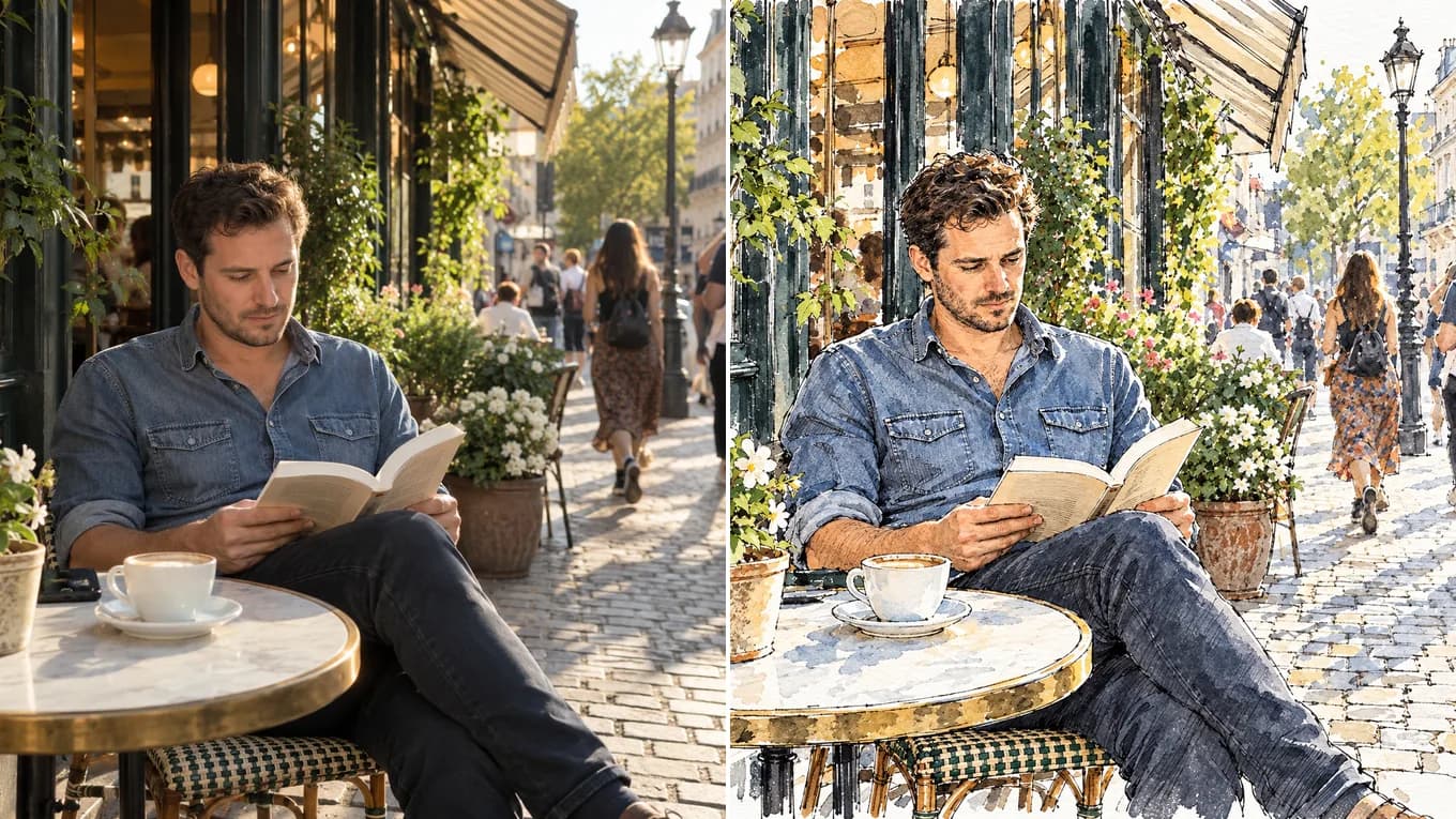 Before and after converting a café street photo into an ink-and-watercolor painting
