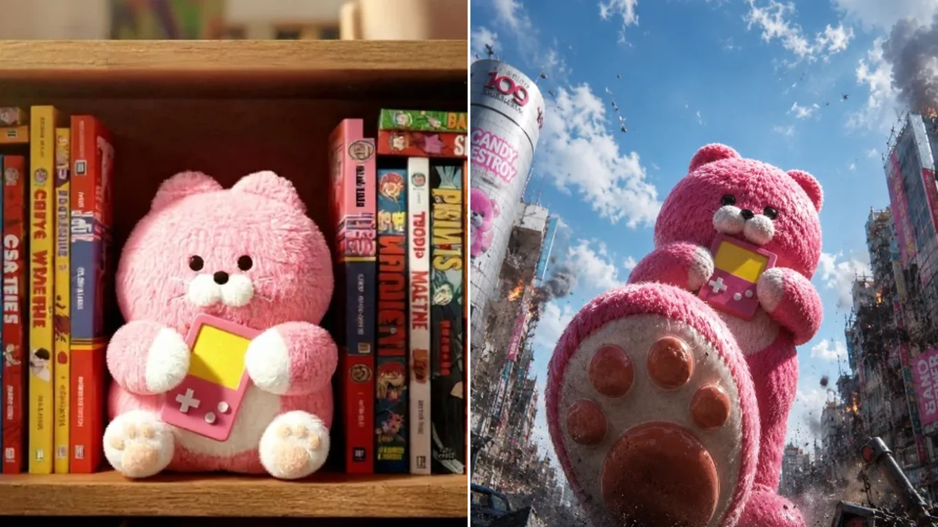 A pink plush bear on a bookshelf, before and after becoming a giant in a city street