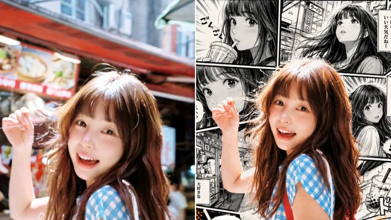 Before and after portrait conversion into monochrome manga illustration