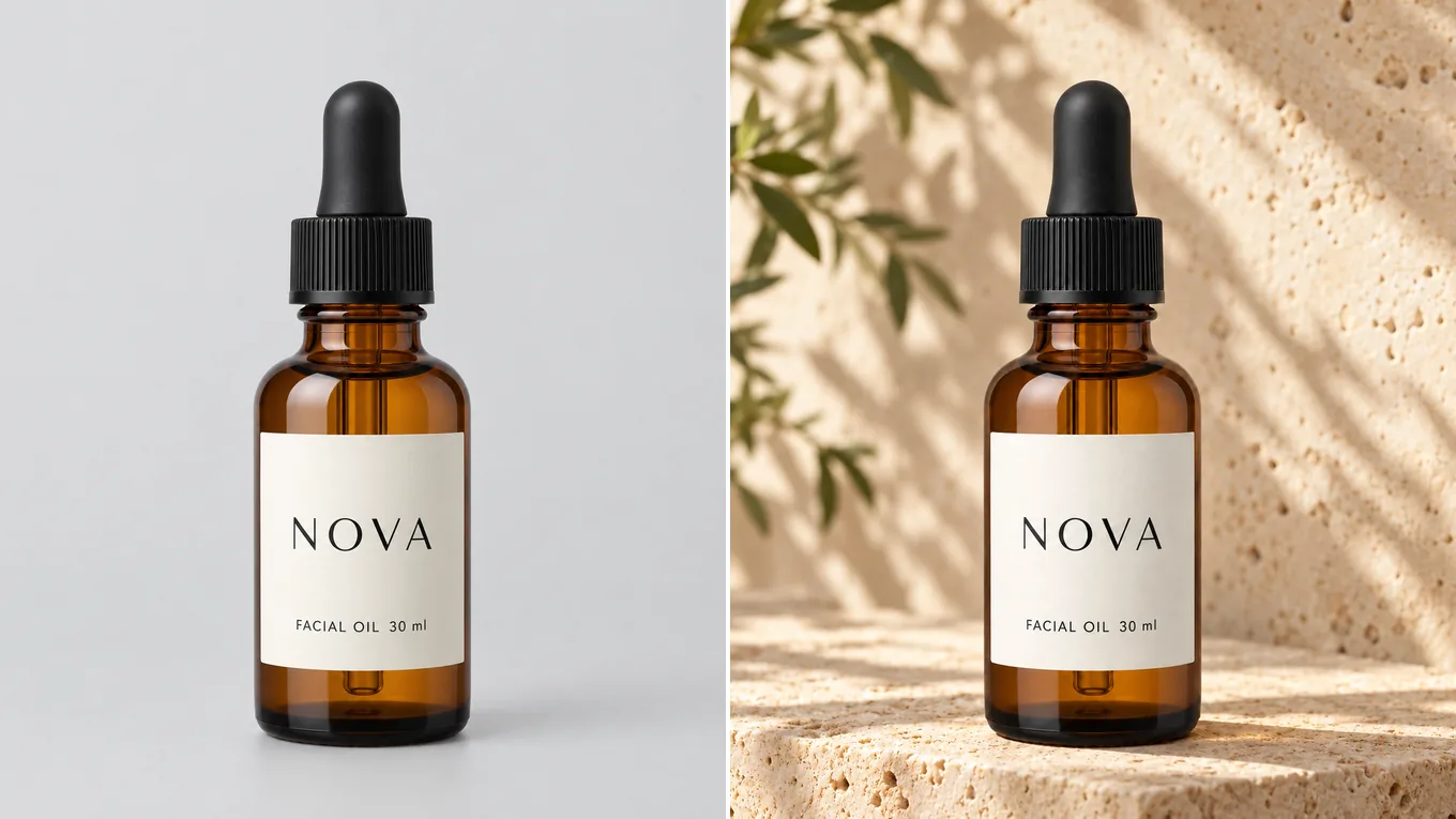 Before and after product background replacement keeping the bottle shape