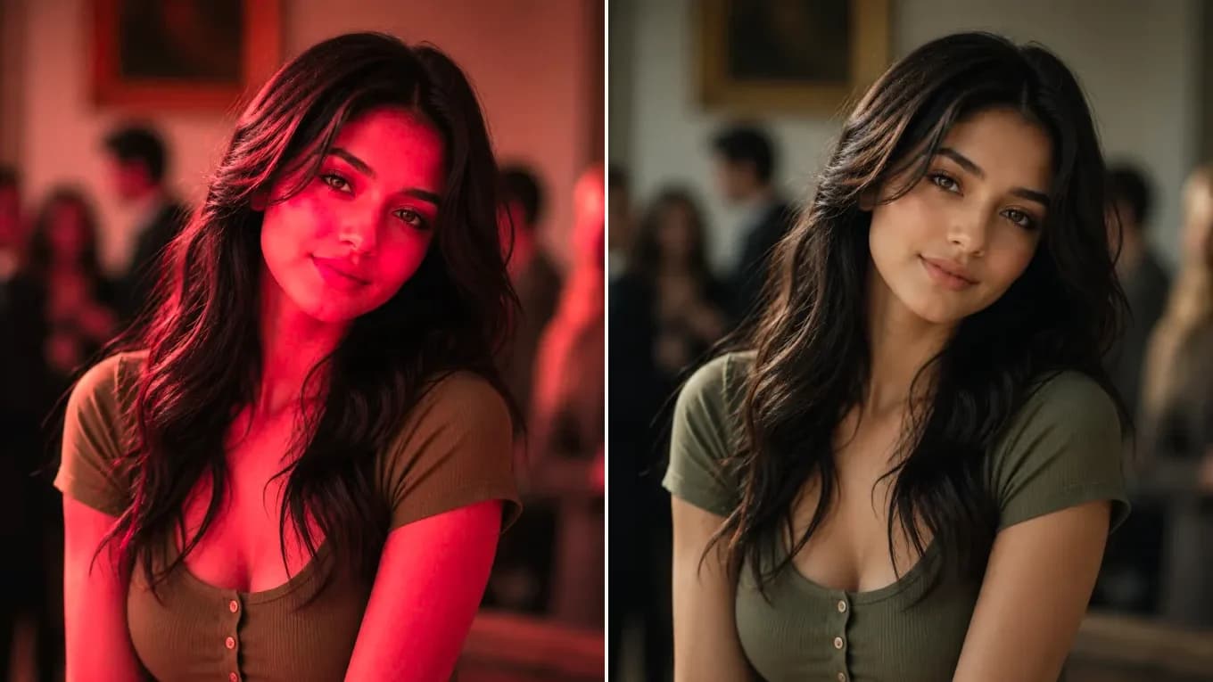 Before and after removing heavy red party club filter