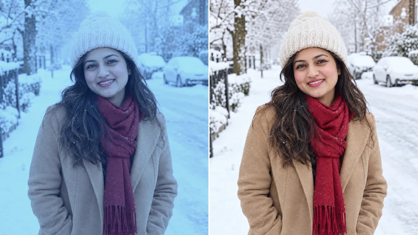 Before and after removing a cold blue filter from a winter portrait