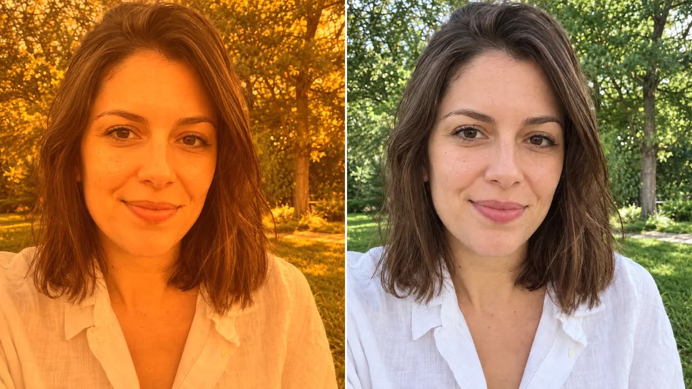 Before and after removing a heavy orange filter from a selfie