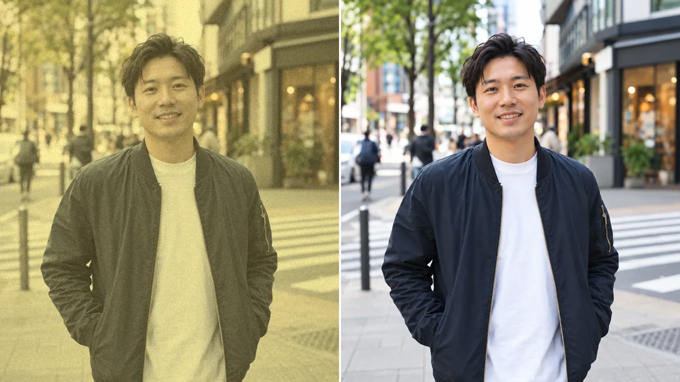 Before and after clearing a fake vintage yellow filter from a street snapshot