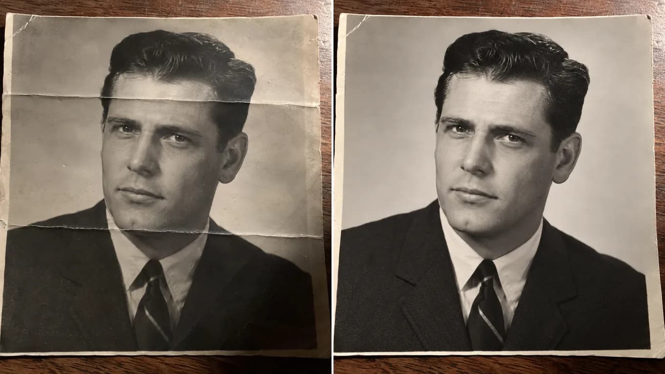 Before and after removing crease shadows from a folded 1960s portrait print