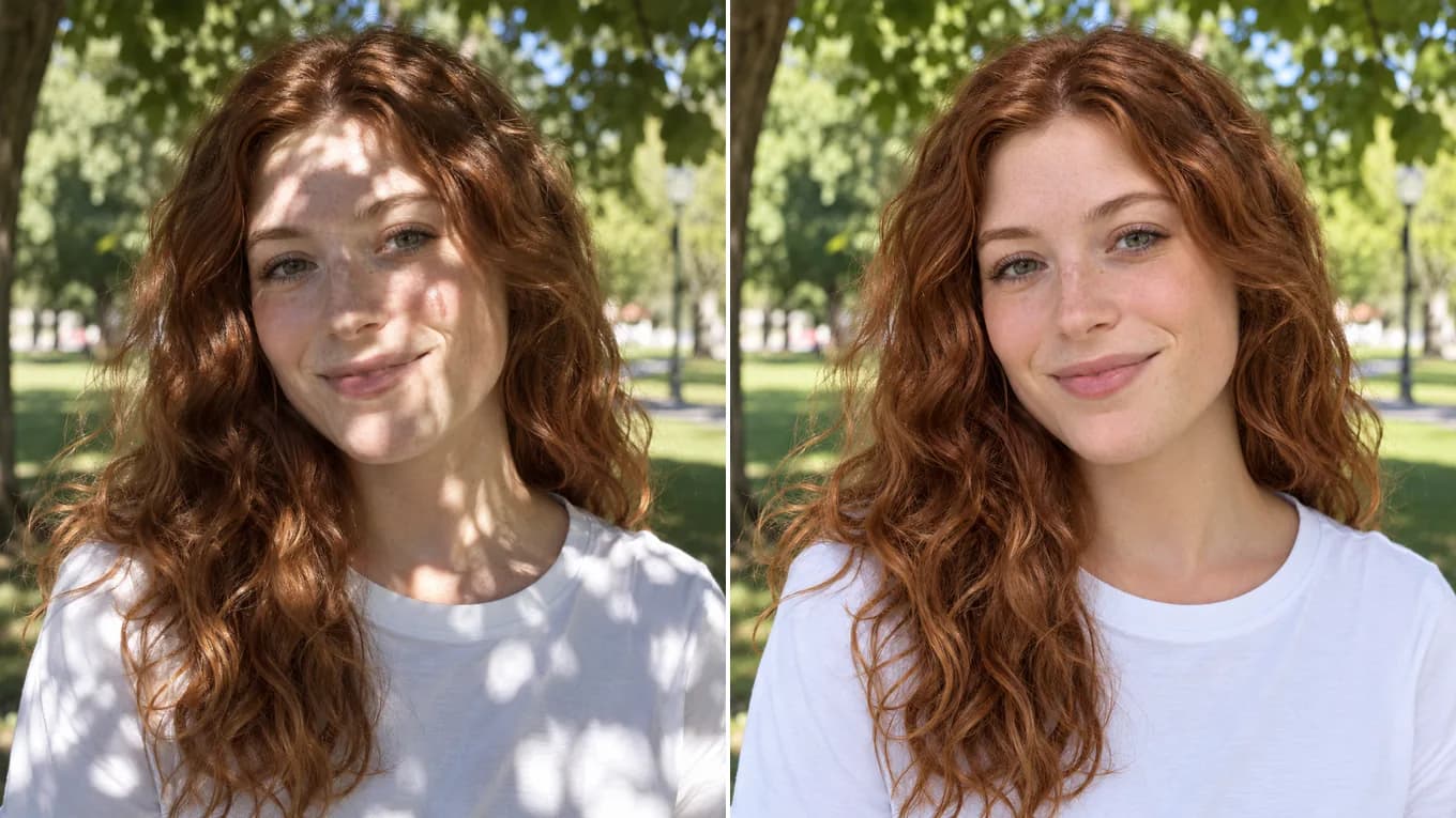 Before and after removing dappled leaf shadows from an outdoor portrait