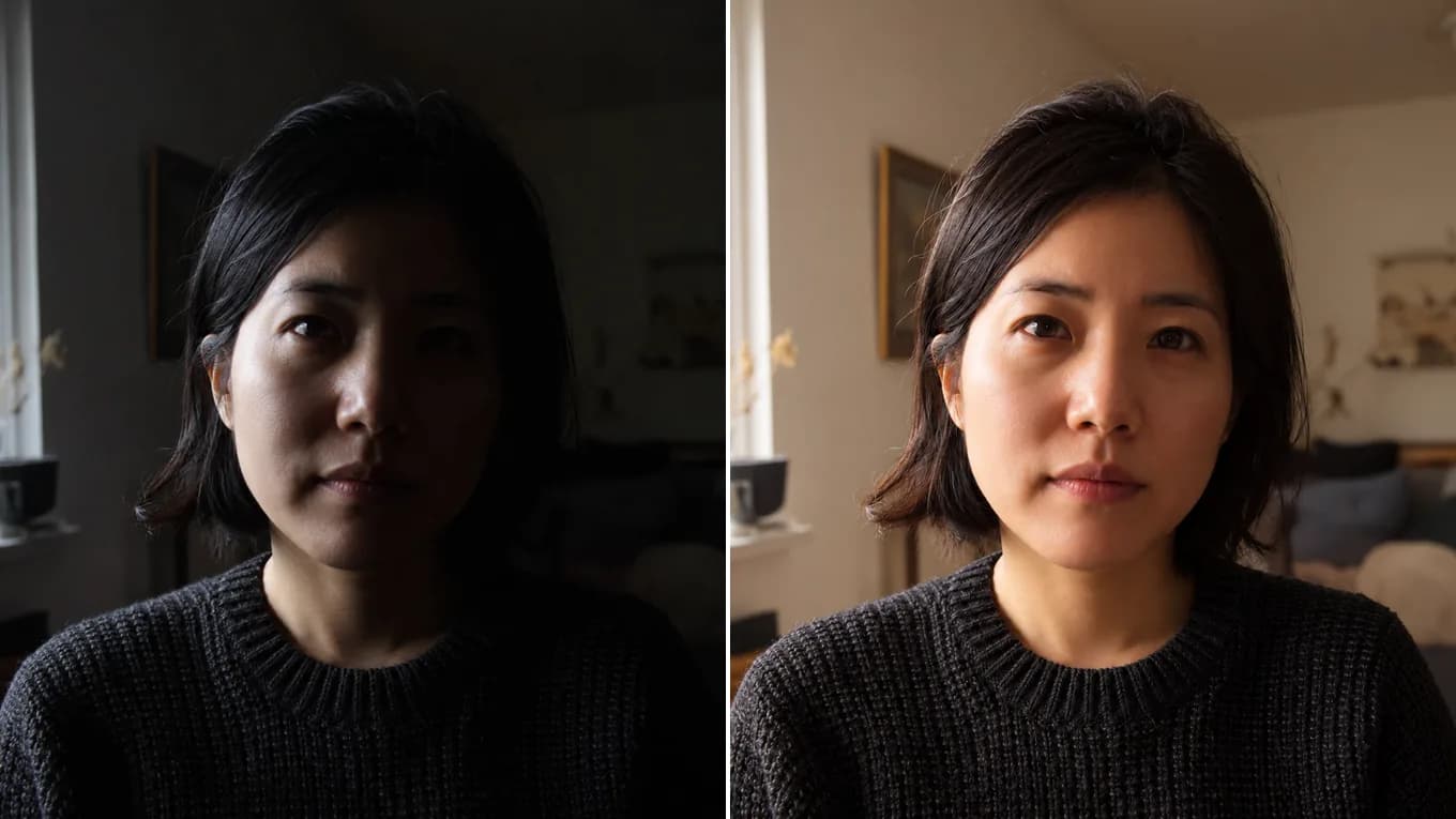 Before and after lifting a heavy indoor shadow from a portrait