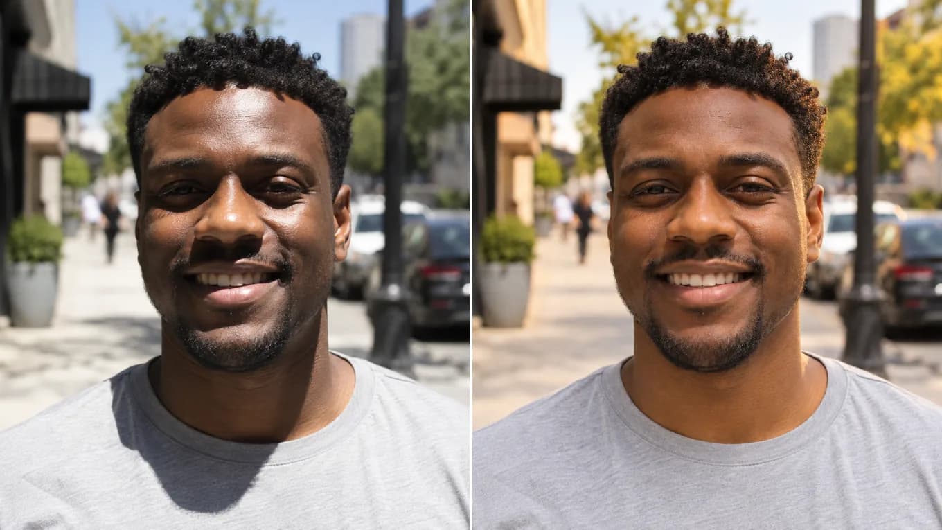 Before and after softening harsh noon sunlight shadows on a portrait